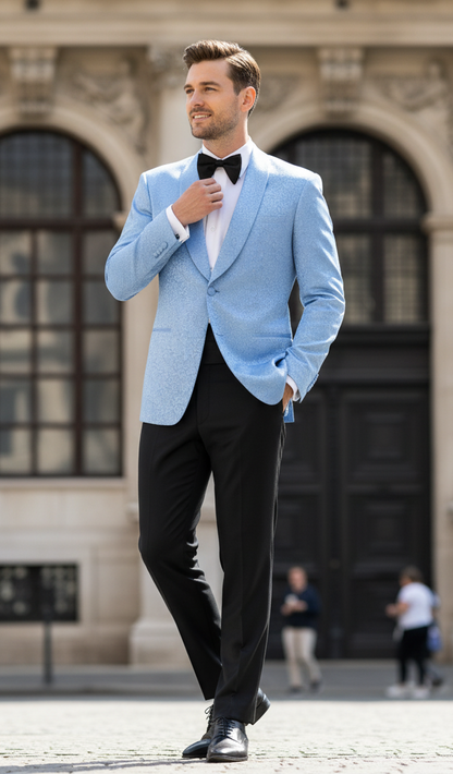 Men’s Light Blue Paisley Tuxedo Jacket – Elegant Satin Shawl Lapel Dinner Blazer for Weddings, Proms in Sky Powder Blue Color Bowtie