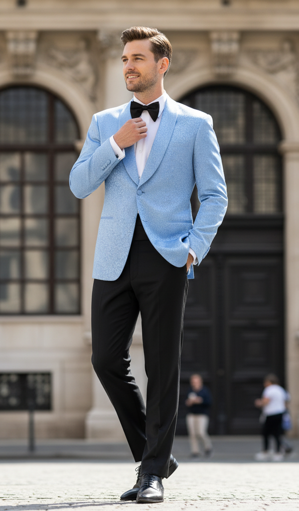 Men’s Light Blue Paisley Tuxedo Jacket – Elegant Satin Shawl Lapel Dinner Blazer for Weddings, Proms in Sky Powder Blue Color Bowtie