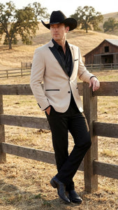 Men's Light Tan and Black Lapel Western Tuxedo Suit Set Wedding Party Cowboy Dress Tuxedo Black Pants - Image 5