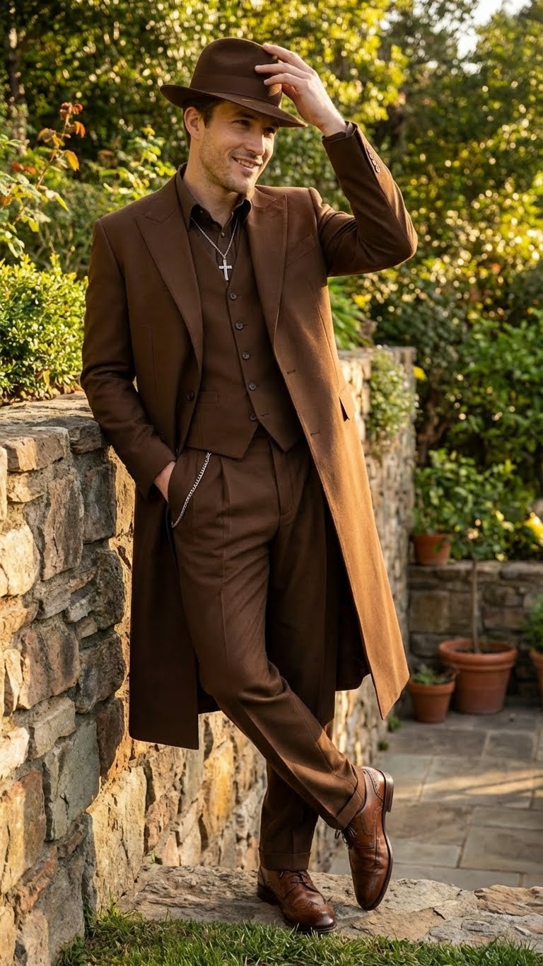Men’s Brown 1920s Zoot Suit – Long Gangster Mafia Suit Vintage Three-Piece Costume Set Pachuco Style