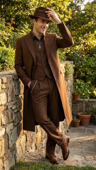 Men’s Brown 1920s Zoot Suit – Long Gangster Mafia Suit Vintage Three-Piece Costume Set Pachuco Style