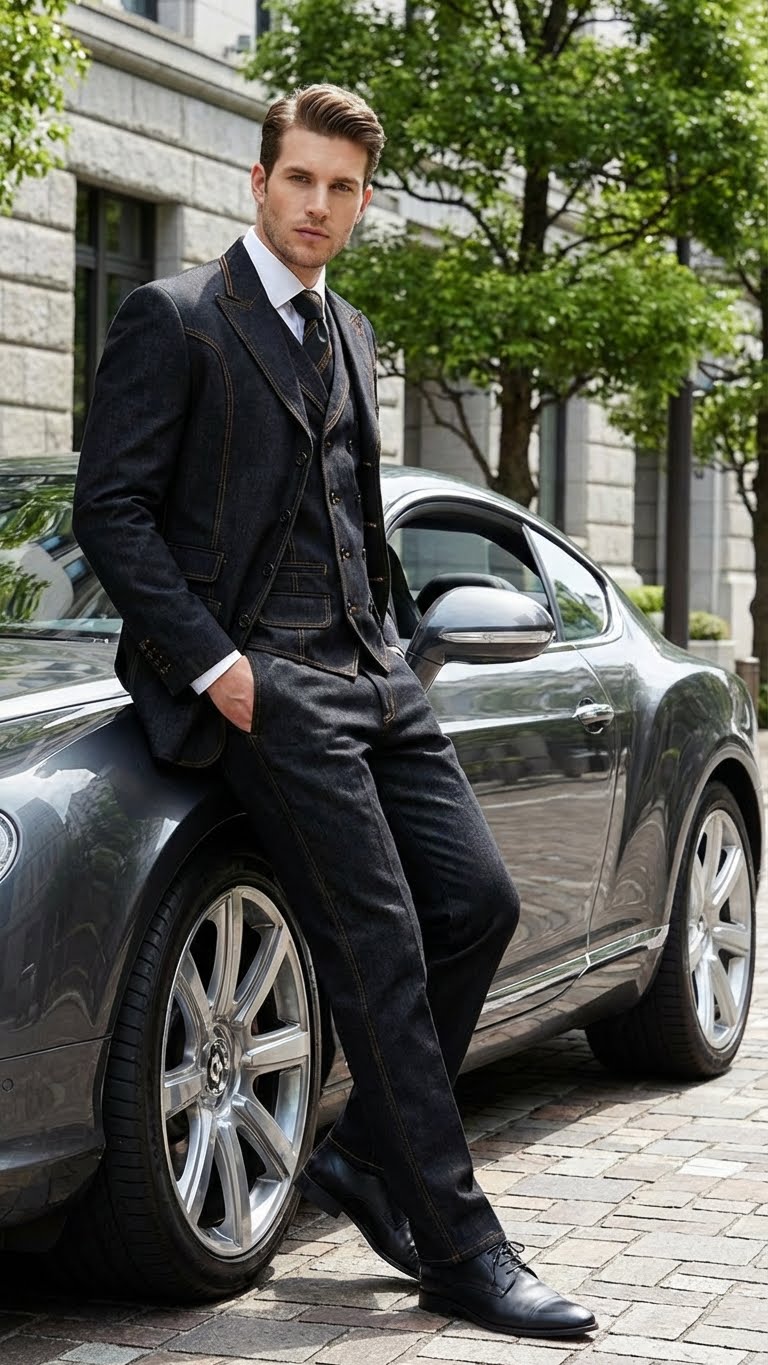 Men's Black Denim Fabric Suit – Classic Three Piece Denim Suit for Wedding, Prom and Church Wear - Image 5