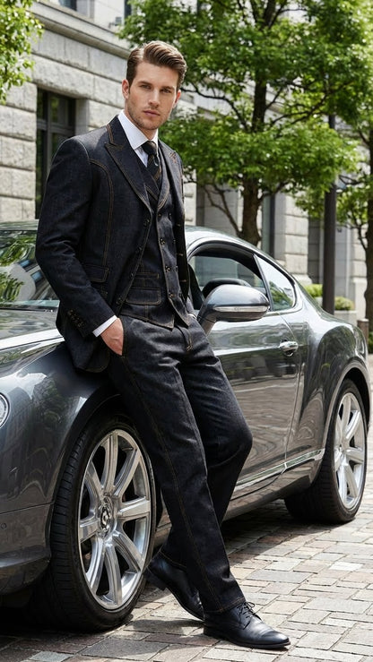 Men's Black Denim Fabric Suit – Classic Three Piece Denim Suit for Wedding, Prom and Church Wear - Image 5