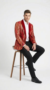Men’s Red and Gold Sequin Christmas Holiday Blazer – Luxury Party Jacket for New Year, Wedding and Festive Events