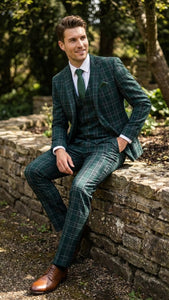 Men's Dark Green Plaid 3 Piece Suit – Checkered Suit Set for Wedding, Windowpane Tartan Fabric - Ultra Slim Fit - Image 4