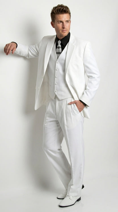 Men’s All White Classic 3 Piece Suit with High Vest, 3 Button Jacket and Pleated Pants