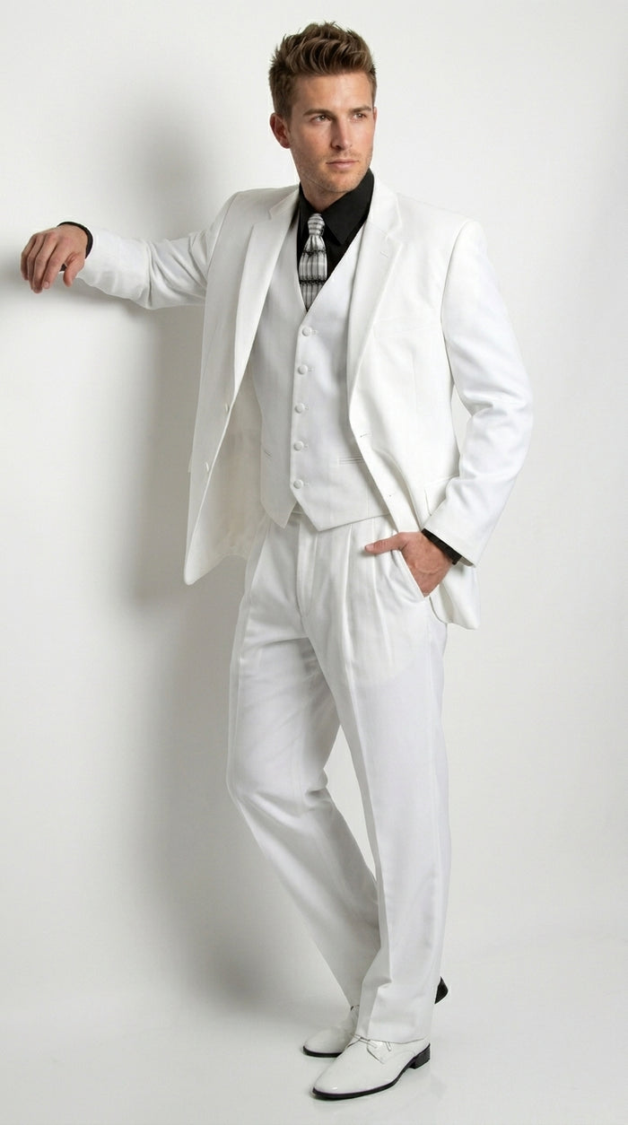 Men’s All White Classic 3 Piece Suit with High Vest, 3 Button Jacket and Pleated Pants