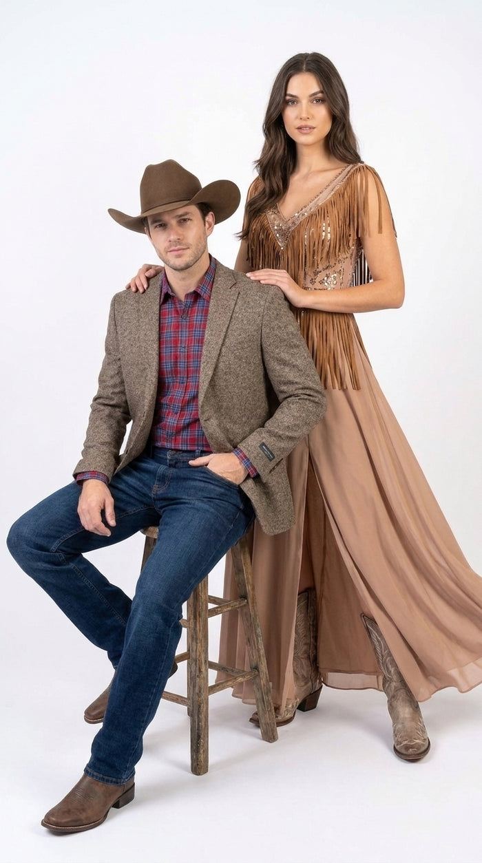 Men’s Light Brown Western Blazer – Textured Tweed Herringbone Cowboy Sport Coat for Rodeo, Country Taupe Dark Tan Color Wool Fabric
