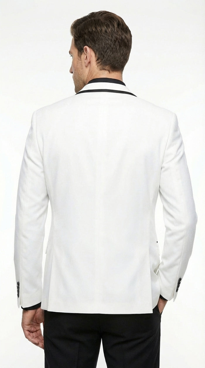 Men’s White Disco Blazer 70s Era Costume Jacket – Black Trim Retro Party Blazer, Vintage Dance Outfit, Stylish Evening Themed Wear