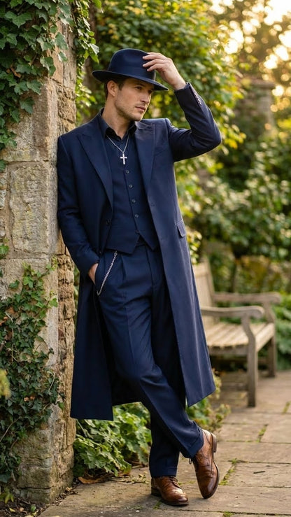 Mens Navy Blue 1920s Zoot Suit – Long Mafia Gangster Three-Piece Vintage Costume Set Suit Pachuco Style