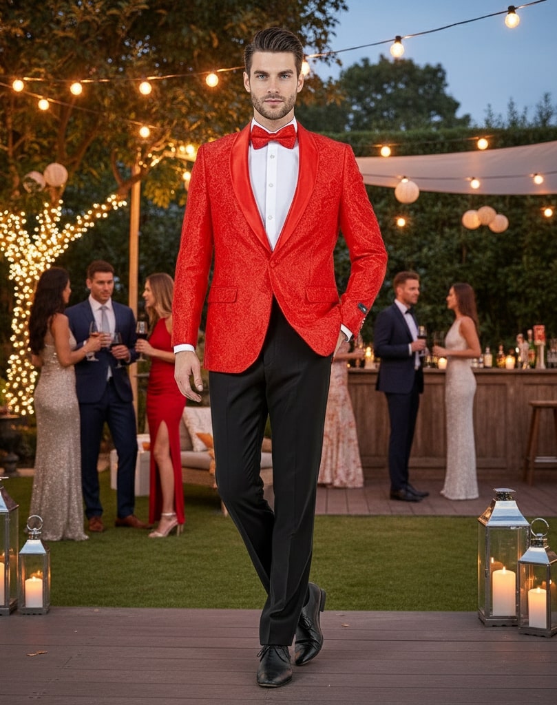 Big and Tall Mens Red Paisley Tuxedo Jacket – Satin Shawl Lapel Blazer with Bow Tie - Christmas Jacket - Image 5