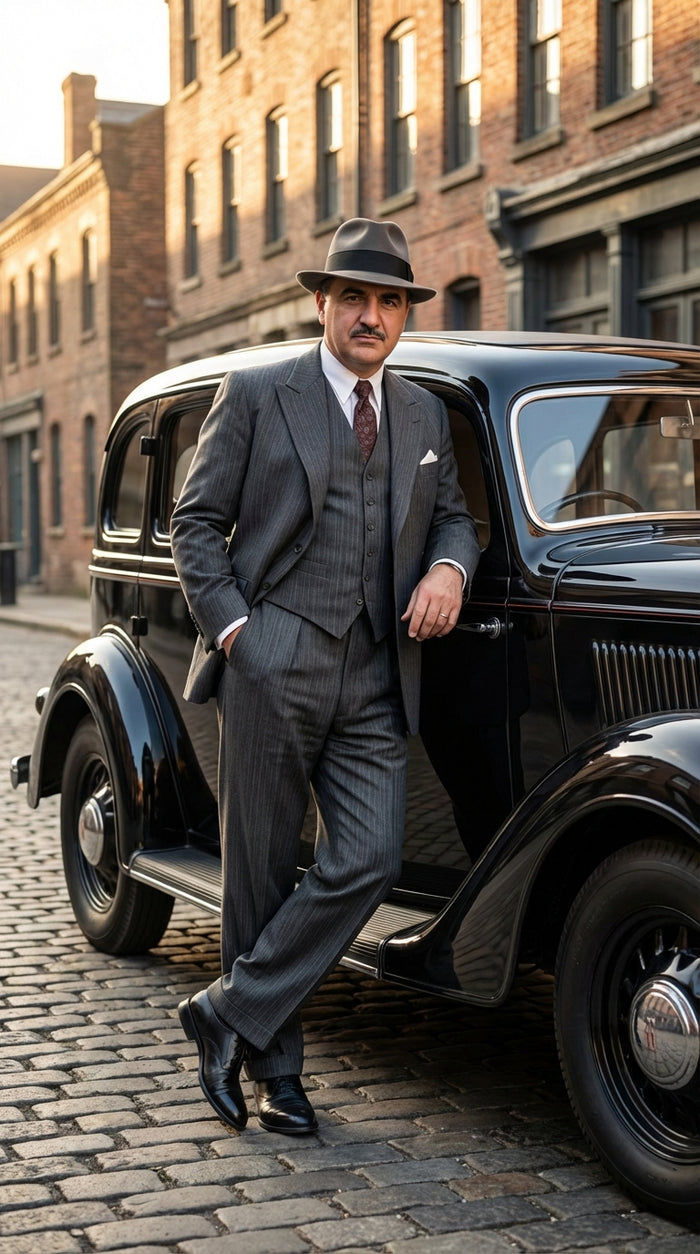 Al Capone Men’s Charcoal Gray Stripe 3-Piece Gangster Style Suit – 1920s Jazz Club Inspired Formal Suit Outfit - Image 7