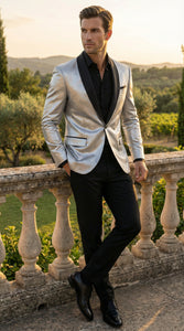 Men’s Shiny Silver Blazer with Black Lapel – Luxury Metallic Formal Jacket for Party, Evening and Special Events