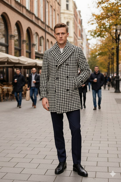 Mens Houndstooth Double-Breasted Overcoats – Classic Black and White Wool Blend Peacoat Wool Fabric - Image 5