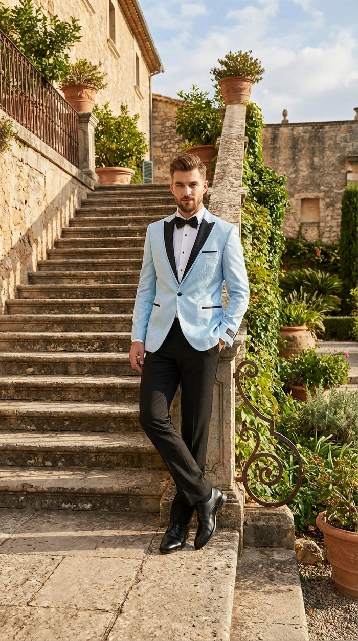 Men’s Baby Blue Tuxedo Blazer with Black Lapel – Formal Dinner Jacket for Wedding, Prom and Evening Events  in Sky Light Blue Color