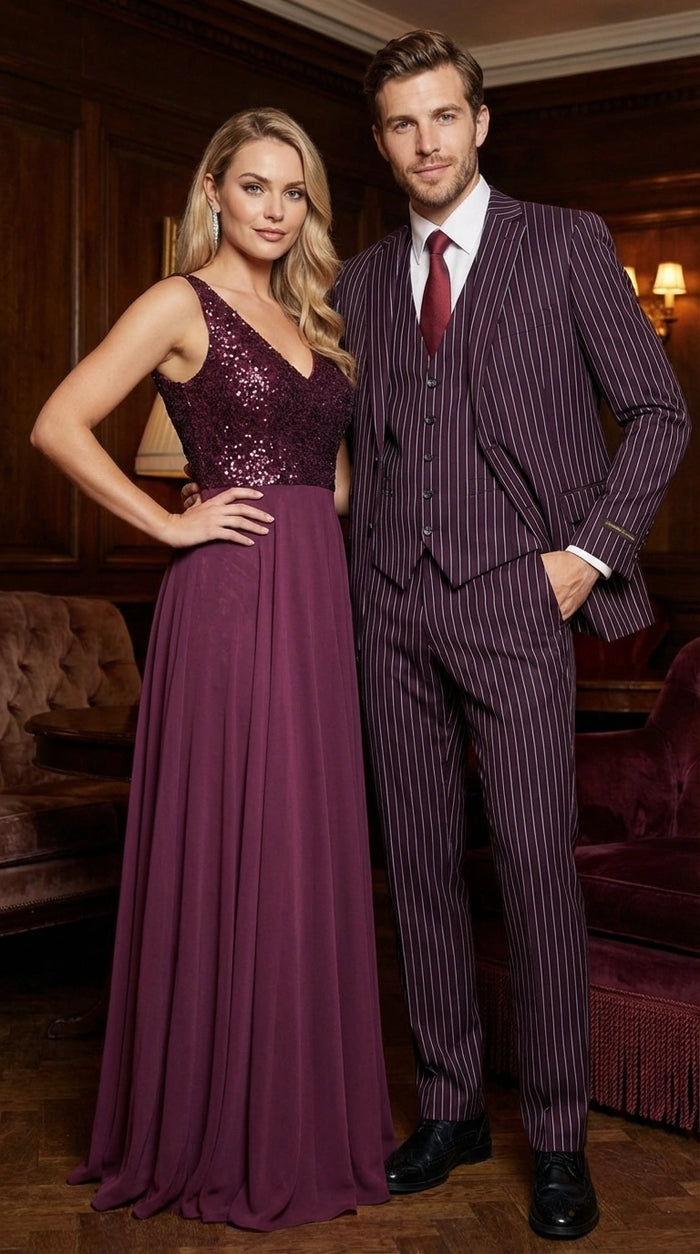 Men’s Plum Eggplant Pinstripe 3 Piece Suit – Burgundy Purple Formal Suit  Gangster 1920s Mafia Pimp Suit Modern Fit
