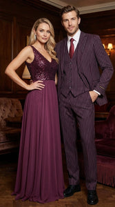 Men’s Plum Eggplant Pinstripe 3 Piece Suit – Burgundy Purple Formal Suit  Gangster 1920s Mafia Pimp Suit