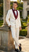 Men’s Ivory and Burgundy Jacquard Tuxedo Suit – Luxury Slim Fit 3-Piece Formal Wedding, Prom, and Gala Outfit in Cream Off White Color