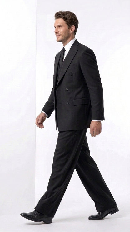Tiglio Rosso Men’s Black Super 150’s Italian Wool 3-Piece Suit – Double-Breasted Jacket, Vest and Wide-Leg Pleated Pants