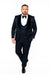 Men’s Navy Blue Jacquard Tuxedo with Black Velvet Shawl Lapel – 3 Piece Formal Suit with Bow Tie