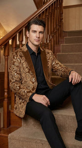 Men's Light Brown & Gold Baroque Embroidered Blazer Jacket | Tuxedo Dinner Jacket - Image 5