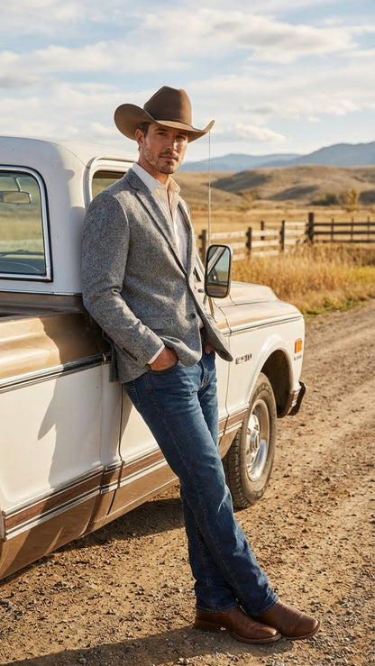 Men's Grey Tweed Herringbone Western Blazer Jacket  Style Look, Textured Formal Casual Sport Coat for Jeans - Image 5
