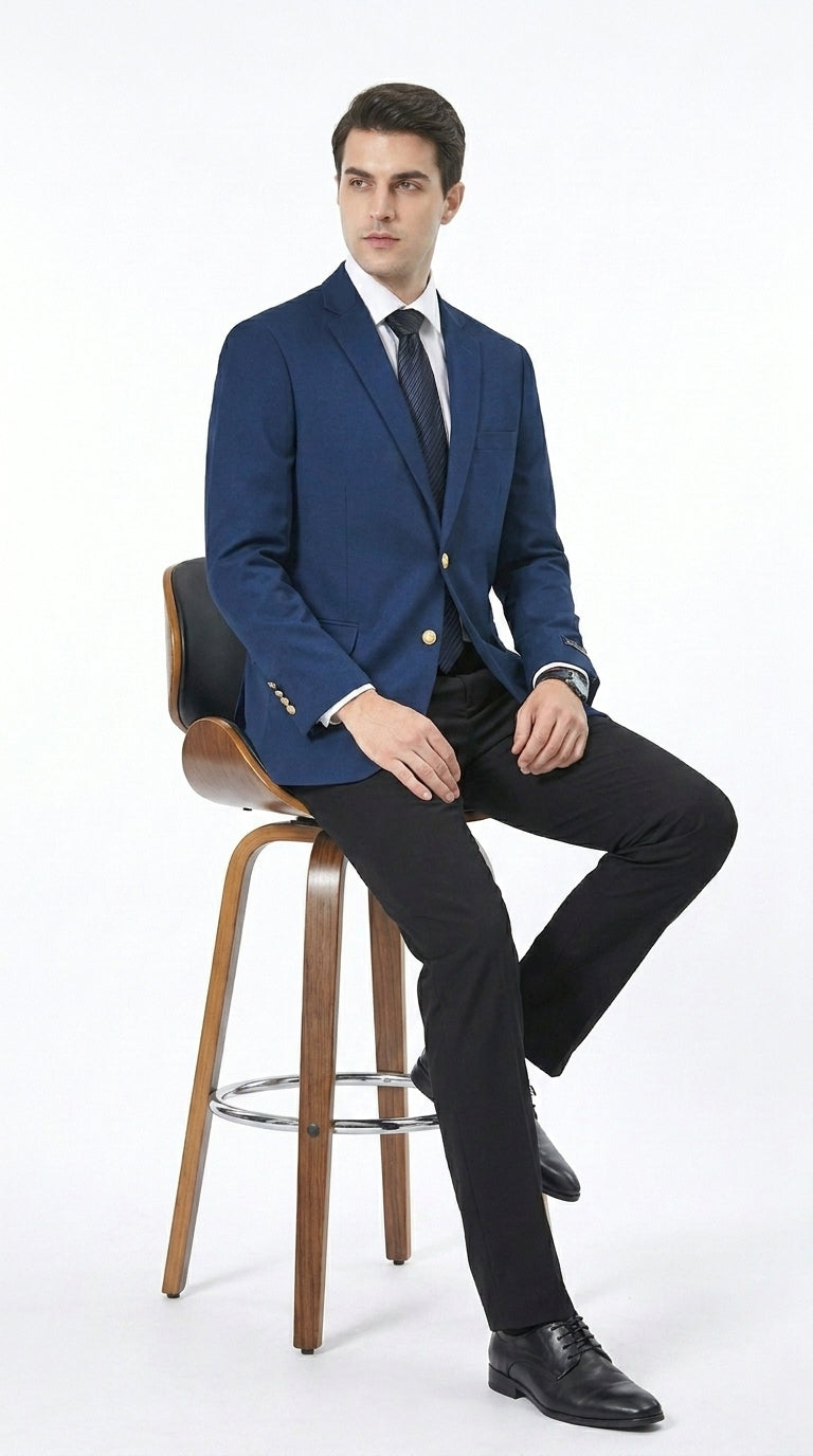 Men’s Sapphire Indigo Cobalt Blue Blazer with Gold Buttons – Classic Single Breasted Formal Business Jacket for Office, Wedding