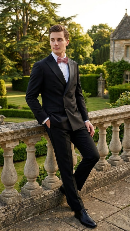 Tiglio Brand 100% Wool Super 150s Italian fabric Men’s Classic Black Double-Breasted Tuxedo with Satin Peak Lapel – Formal Wedding & Gala Suit Set