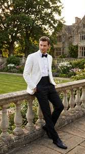 Men's White Dinner Jacket Tuxedo Blazer with Black Satin Shawl Lapel  With Black Tuxedo Pants - Image 5