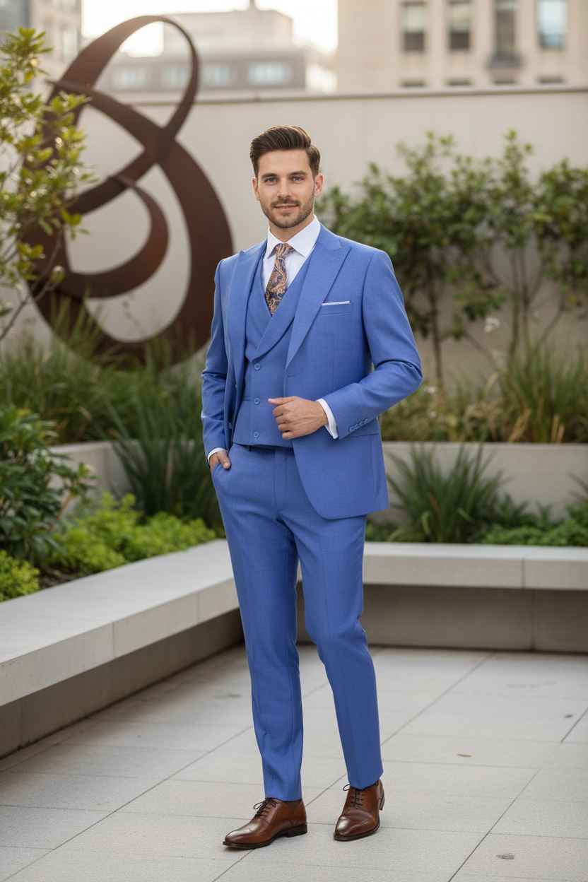 Men’s Light Blue Double-Breasted 3-Piece Suit Set – Tailored Fit Formal Business Suit in Steel Blue Sky Blue Color Modern Fit