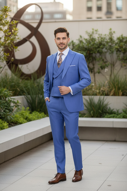 Men’s Light Blue Double-Breasted 3-Piece Suit Set – Tailored Fit Formal Business Suit in Steel Blue Sky Blue Color Modern Fit