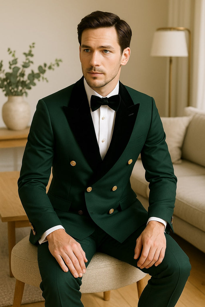 Men's Green Double-Breasted Wedding Tuxedo with Black Velvet Lapel and Gold Buttons - Image 4