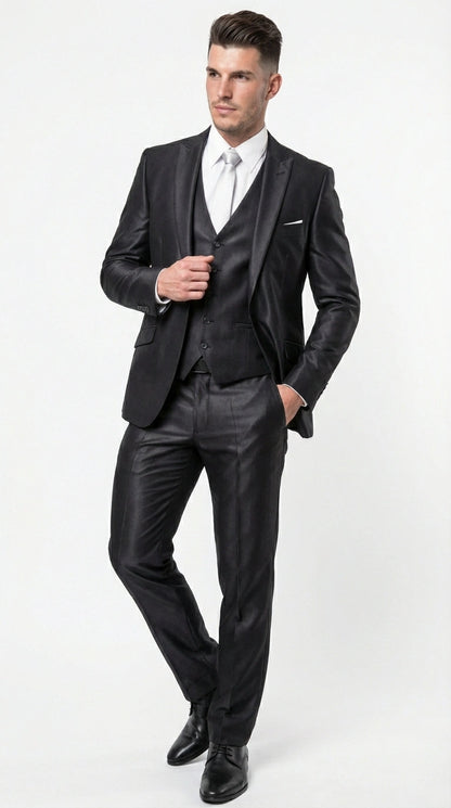 Men’s Black Three Piece Suit –3PC Formal Suit with Vest for Wedding, Prom and Business Events Sharkskin Shiny Fabric  Modern Fit
