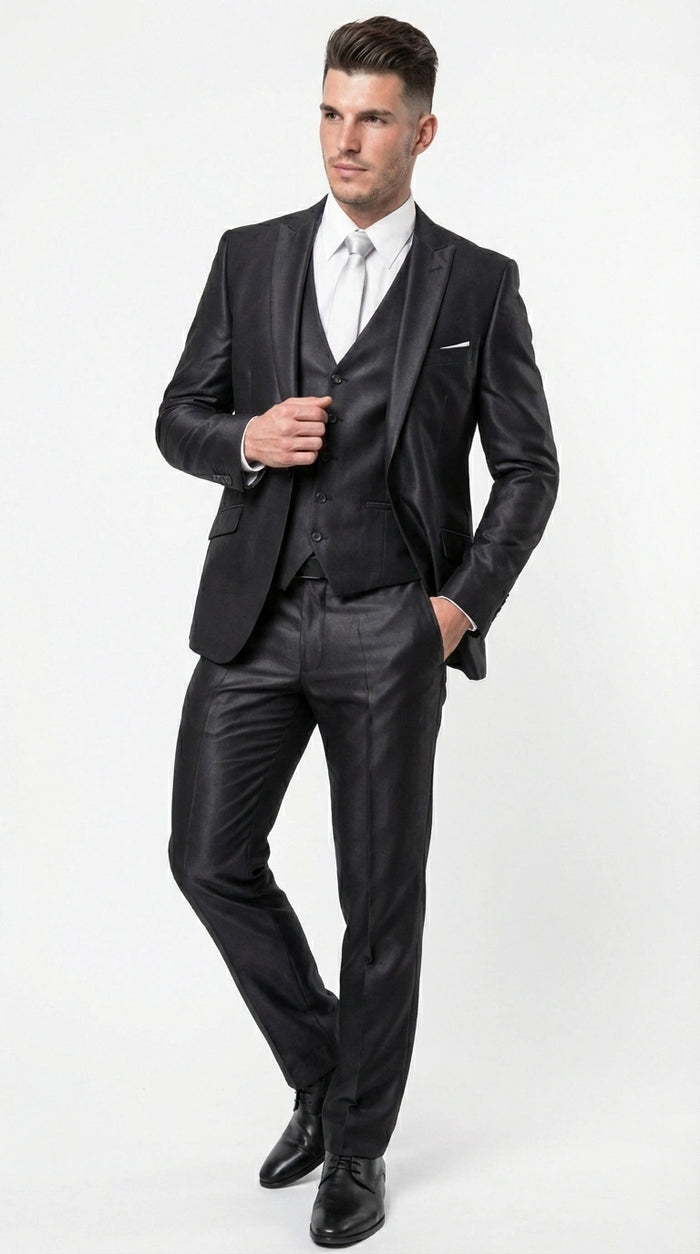 Men’s Black Three Piece Suit –3PC Formal Suit with Vest for Wedding, Prom and Business Events Sharkskin Shiny Fabric  Modern Fit