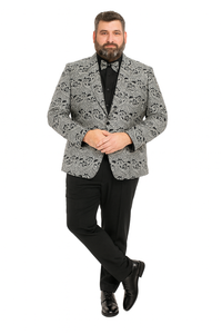 Men’s Black and Silver Paisley Tuxedo Jacket – Slim Fit Dinner Blazer with Matching Bow Tie with Black Pants $169