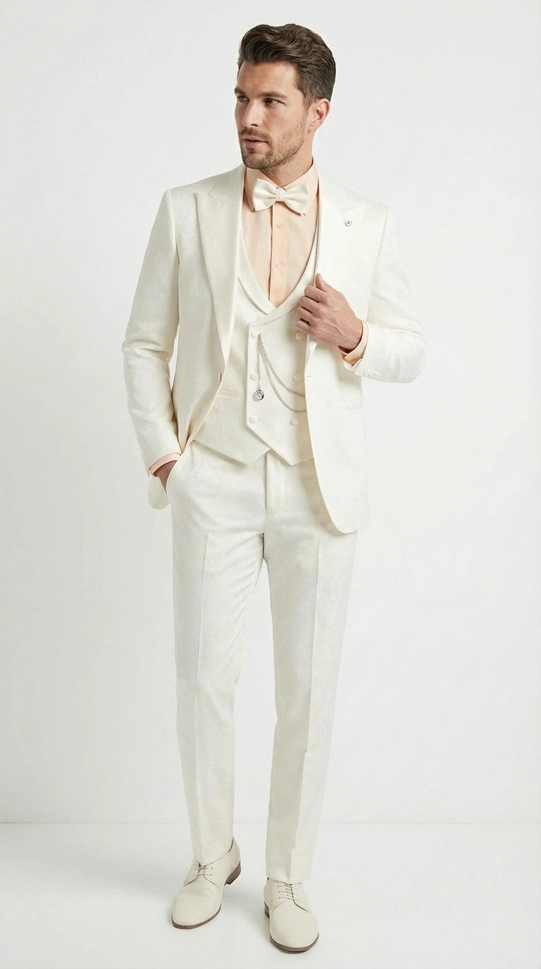 Vinci Men’s Ivory Three Piece Suit – Ivory 3PC Formal Wedding Suit for Groom, Prom and Black Tie Events  Modern Fit