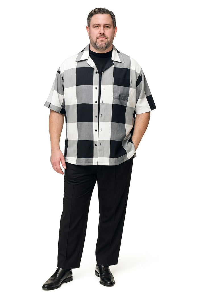 Mens Black and White Checkered Short Sleeve Shirt Set – Casual Two-Piece Summer Outfit - Image 3