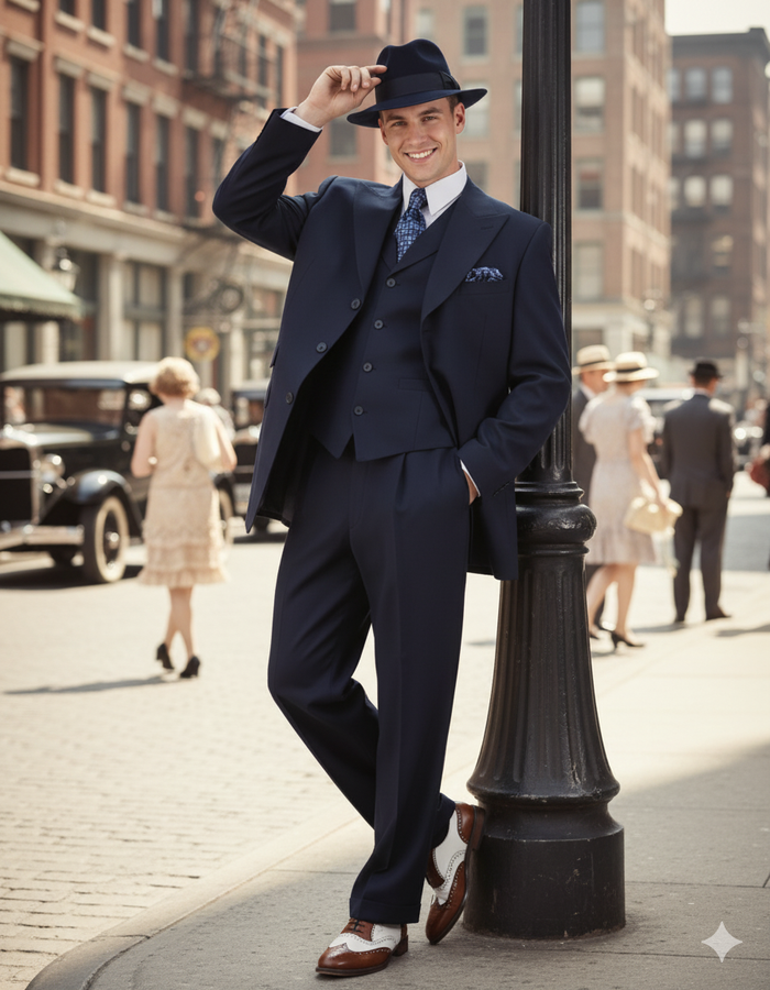 Men’s 1920s Navy Blue Zoot Suit – Classic Gangster 3-Piece Long  - Classic Fit Pleated Pants