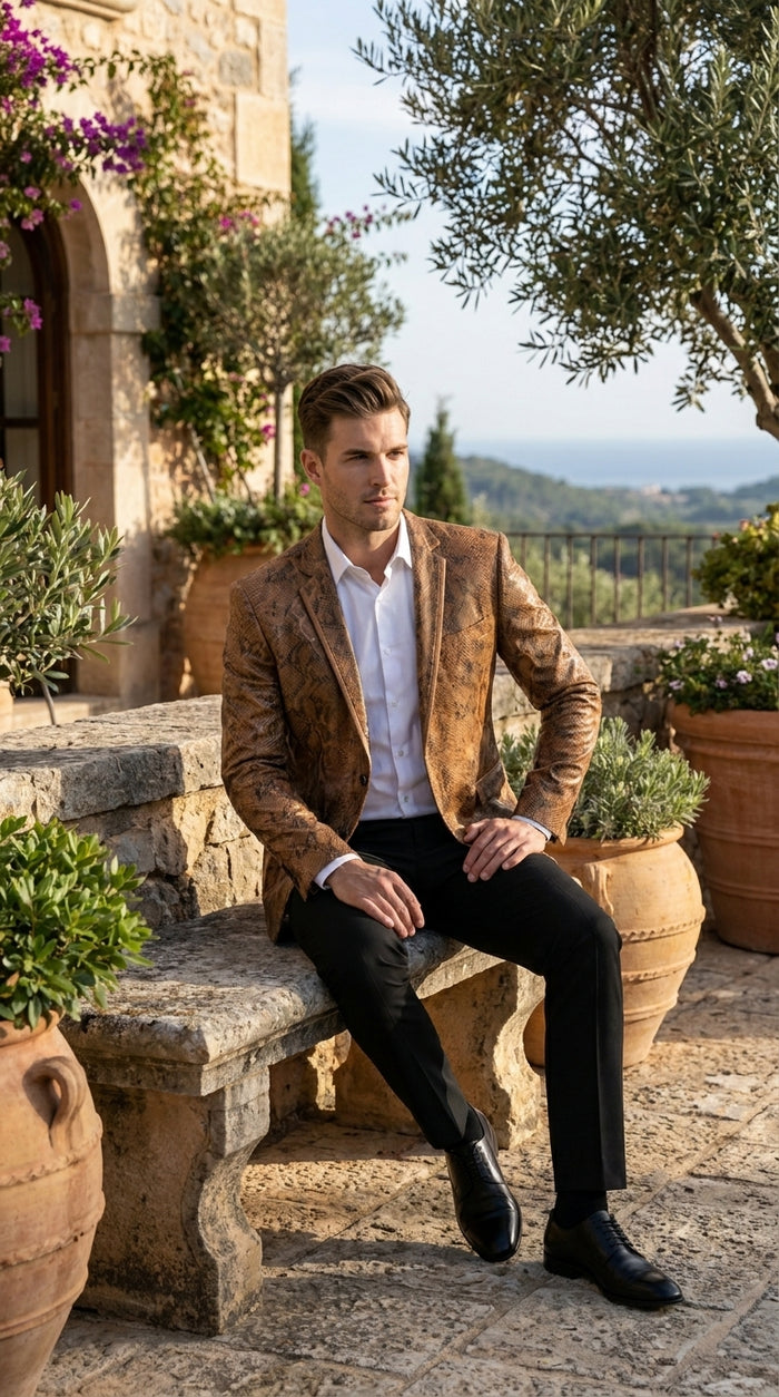 Men’s Brown Snakeskin Pattern Blazer – Stylish Exotic Print Formal Blazer Jacket for Party, Exotic Crocodile Alligator Print