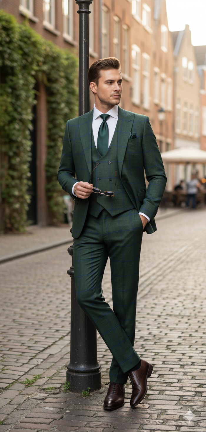 Men’s Green Plaid 3-Piece Suit – Classic Check Slim Fit Suit for Weddings, Church, and Formal By Rossiman