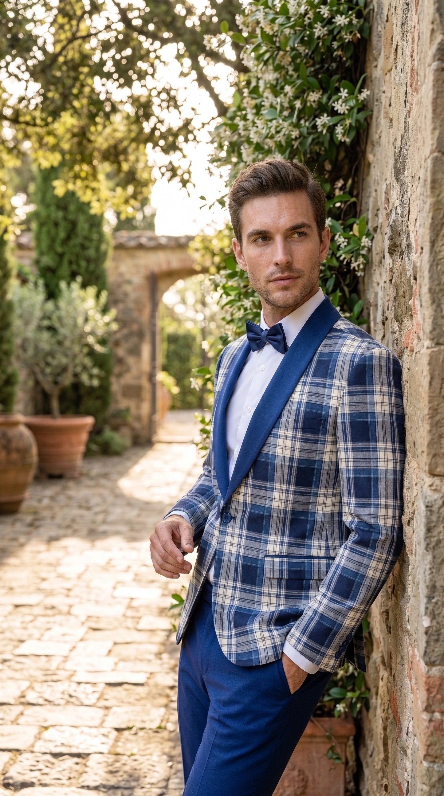 Men’s Tartan Blue Plaid and Solid Blue Tuxedo – Modern Check Pattern Formal Suit for New Year - Christmas - Holiday Jacket with Pants