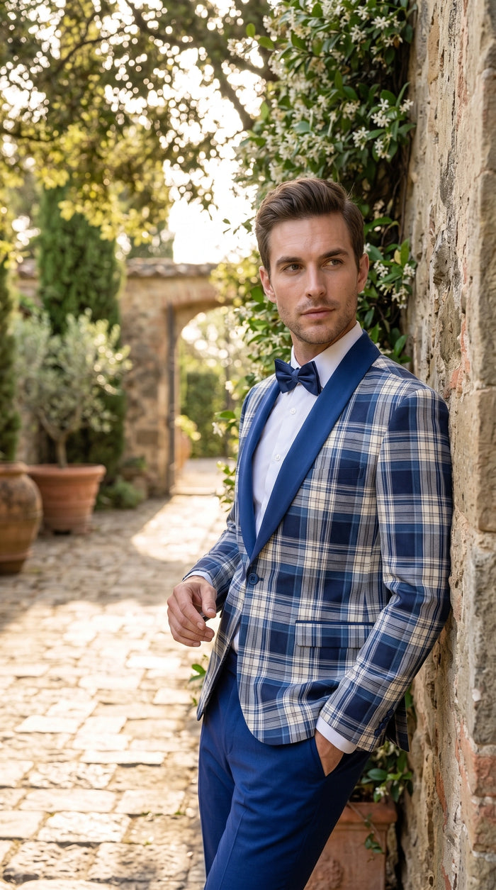 Men’s Tartan Blue Plaid and Solid Blue Tuxedo – Modern Check Pattern Formal Suit for New Year - Christmas - Holiday Jacket with Pants