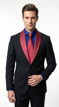 Men’s Black Suit with Burgundy Shawl Lapel –  Formal Tuxedo Suit for Wedding, Prom and Evening Events + Bowtie & Tie