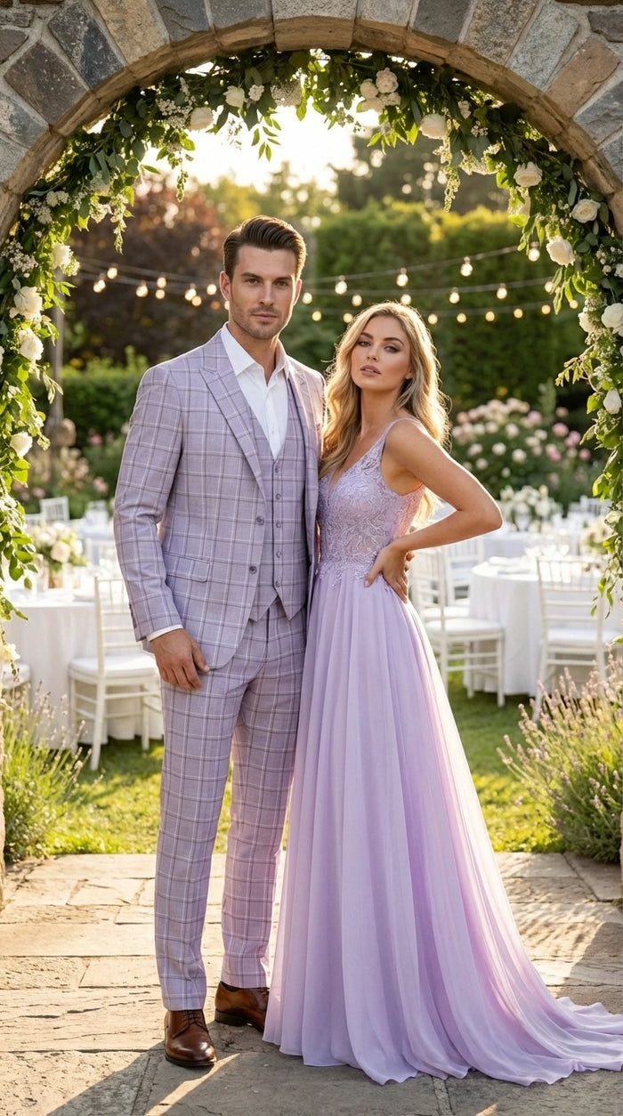 Men’s Lilac Lavender Windowpane Check 3 Piece Suit – Lilac Plaid Formal Suit with Vest for Wedding, Prom and Business Events  Modern Fit