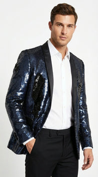 Men’s Navy Sequin Blazer – Navy Blue Sparkle Sequin Formal Blazer with Satin Lapel for Prom, Party and Evening Events