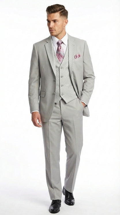 Men’s Light Gray 3 Piece Suit – Ice Silver Gray Formal Suit Set with Vest, Patterned Lapel and Tie for Wedding, Prom and Business Events  Modern Fit