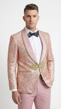 Men’s Rose Gold Pink Prom Tuxedo Suit – Slim Fit Paisley Pattern Formal Tuxedo Suit for Prom, Wedding and Special Events