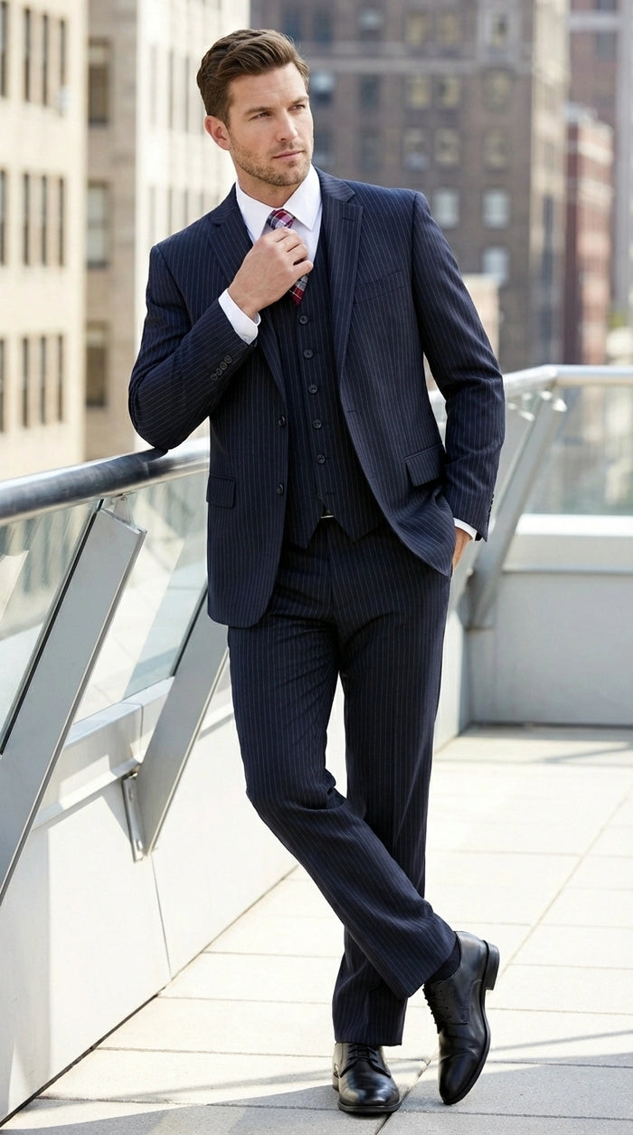 Italian Made By Statment - 100% Wool Fabric Super 150's  Banker Pinstripe in Navy Charcoal Black 2 Button Suit Modern Fit 2 Buttons Notch Lapel