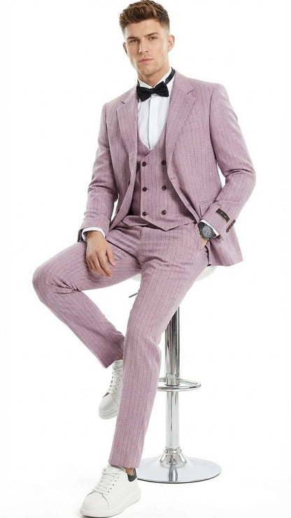 Men’s Dusty Rose Pink Pinstripe Three Piece Suit with Vest | Wedding and Party Formal Wear Prom or Church Suit Modern Fit