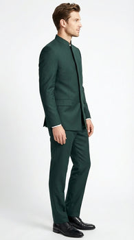 Men’s Olive Green Tuxedo Mandarin Collar Suit – Modern Nehru Style Formal Suit for Wedding Banded Collar